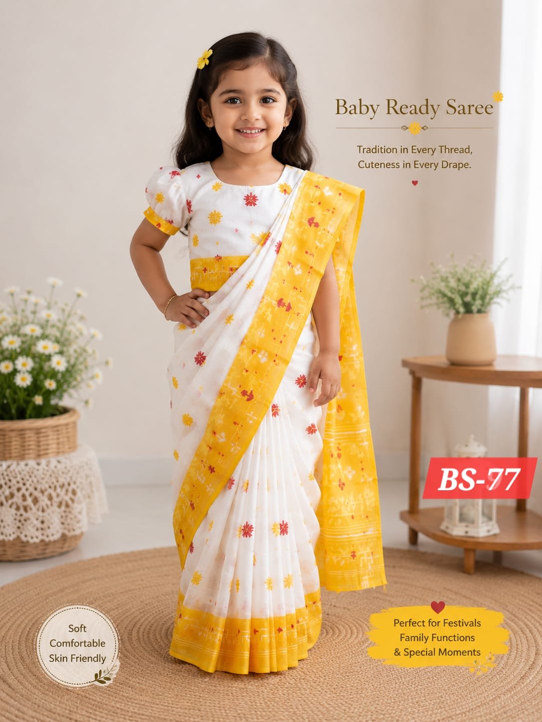 BS-77 BS-01/BS-77 বেবি রেডি হাফ সিল্ক প্রিন্ট শাড়ি - Image 1